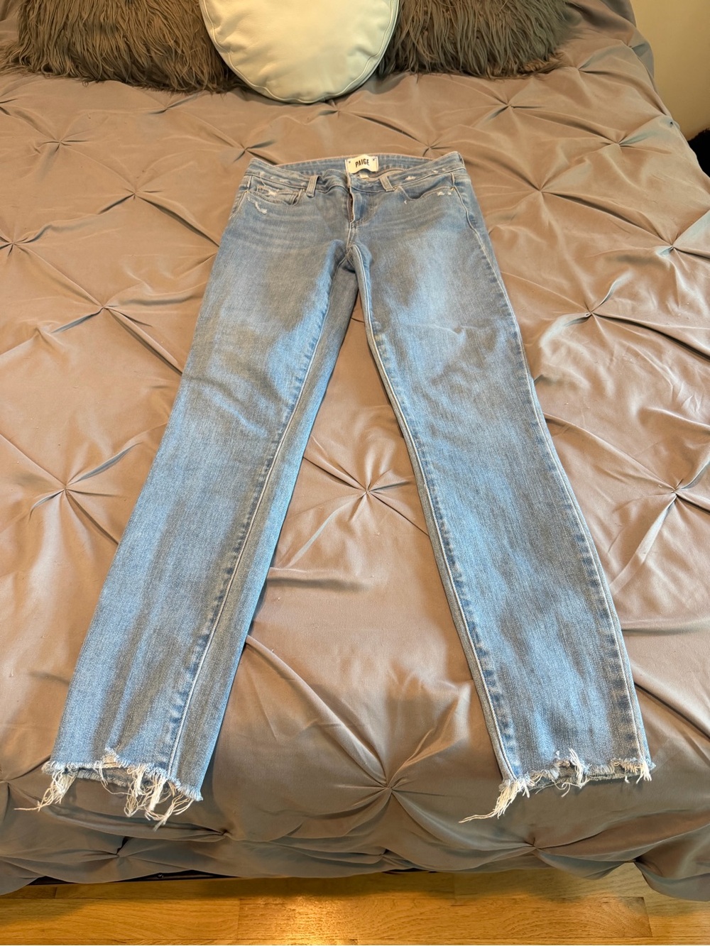PAIGE Light Blue Straight Leg Jeans with Frayed Hem